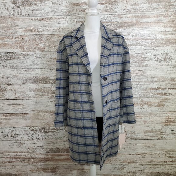 AVEC LES FILLES Grey Blue Plaid Pea Coat XS NWT - Picture 6 of 15